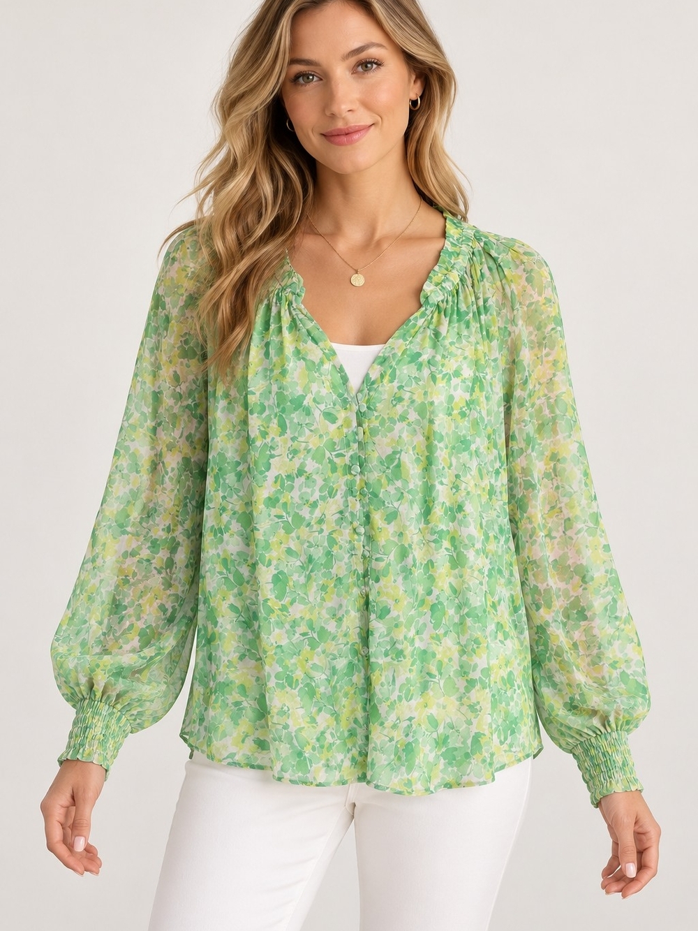 Hale Bob Green Floral V-Neck Sheer Blouse